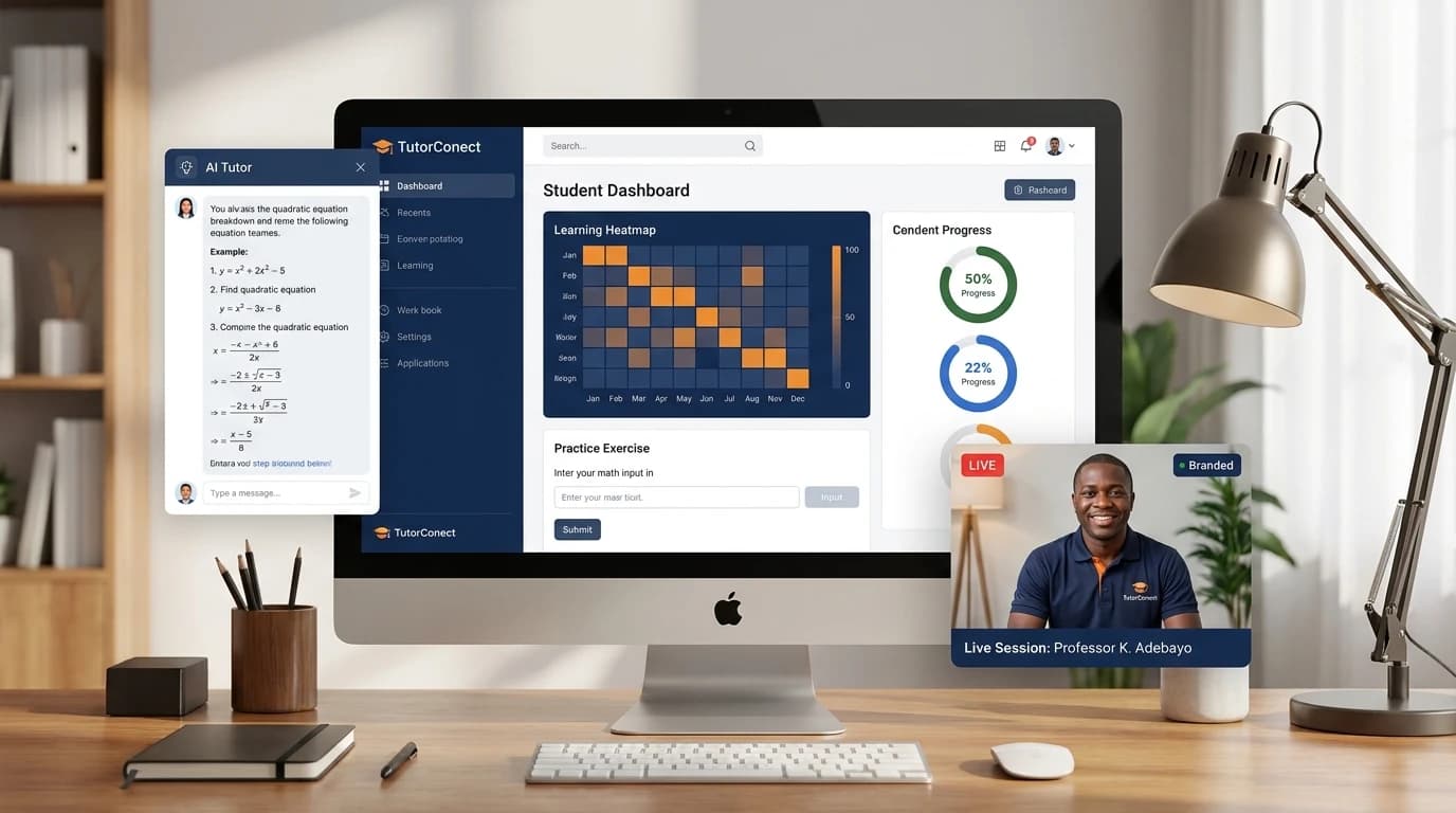 TutorConect product dashboard with AI Tutor chat and a live tutoring session, shown on desktop and mobile