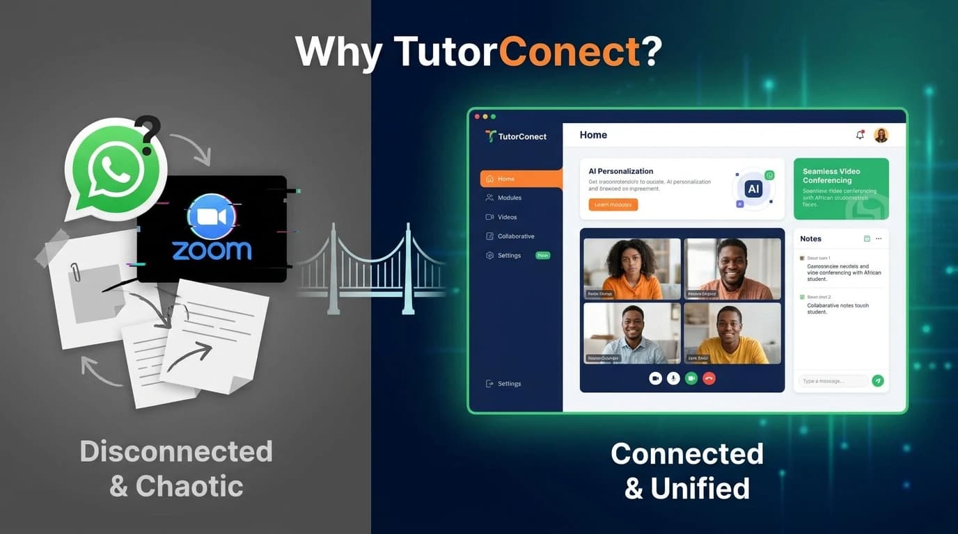 Comparison: scattered WhatsApp, Zoom, and PDF tools versus TutorConect's unified dashboard